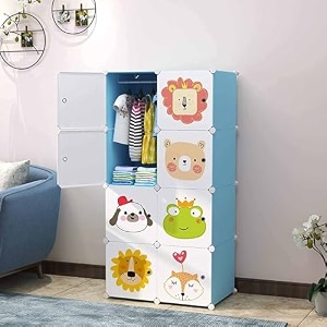 oumffy plastic baby wardrobe collapsible storage rack multipurpose shelve closest organizer for kids and living room bedroom 8-door blue