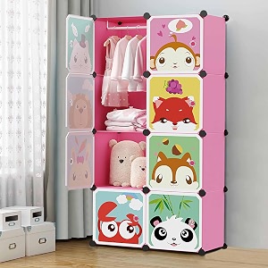 oumffy plastic baby wardrobe collapsible storage rack multipurpose shelve closest organizer for kids and living room bedroom 8-door mt pink