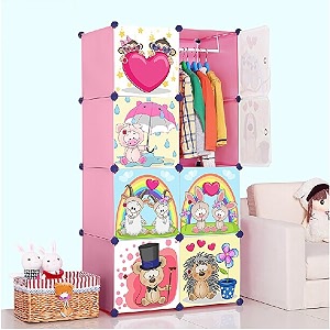 oumffy plastic baby wardrobe collapsible storage rack multipurpose shelve closest organizer for kids and living room bedroom 8-door gt pink
