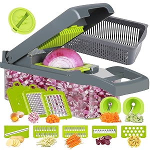 ourokhome chopper vegetable cutter 14 in 1 professional mandolin slicer for kitchen food dicer zucchini spiralizer for potato tomato veggie onion with 10 blades and strainer basket grey