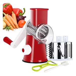 ourokhome manual rotary cheese grater - round tumbling box shredder for vegetable nuts potato with peeler and brush red