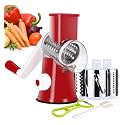 Ourokhome Manual Rotary Cheese Grater - Round Tumbling Box Shredder for Vegetable, Nuts, Potato with Peeler and Brush (Red)