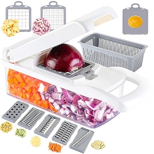 ourokhome onion chopper vegetable dicer - 7 blades mandolin slicer pro cutter with egg separator and drain basketwhite