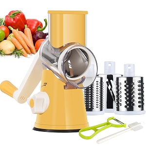 ourokhome rotary cheese grater hand crank kitchen shredder speed mandolin slicer nut grinder with handle and drum blades for cheese vegetable walnut chocolate potato carrot 3 blades yellow