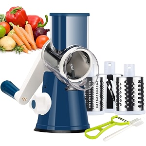 rotary cheese grater round mandolin slicer ourokhome handheld hashbrown shredder with 3 drum blades kitchen manual speed walnut grinder for potato carrot vegetables nuts zucchini dark blue