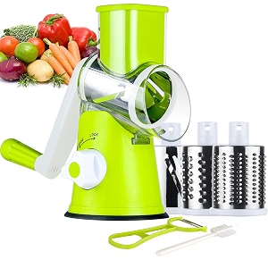 ourokhome rotary cheese grater hand crank kitchen shredder speed mandolin slicer nut grinder with handle and drum blades for cheese vegetable walnut chocolate potato carrot 3 blades green