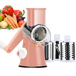ourokhome rotary cheese grater hand crank kitchen shredder speed mandolin slicer nuts grinder with handle and drum blades for cheese vegetable walnuts chocolate potato carrot 3 blades pink