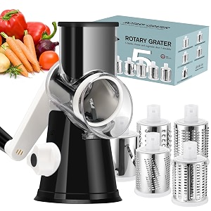 ourokhome rotary cheese grater hand crank kitchen shredder speed mandolin slicer ice shaver with handle and drum blades for cheese vegetable nuts chocolate potato carrot 5 blades black