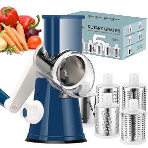ourokhome rotary cheese grater hand crank kitchen shredder speed mandolin slicer ice shaver with handle and drum blades for cheese vegetable nuts chocolate potato carrot 5 blades dark blue