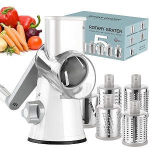 ourokhome rotary cheese grater hand crank kitchen shredder speed mandolin slicer ice shaver with handle and drum blades for cheese vegetable nuts chocolate potato carrot 5 blades white