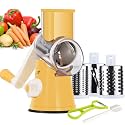 Ourokhome Rotary Cheese Grater Hand Crank, Kitchen Shredder Speed Mandolin Slicer Nut Grinder with Handle and Drum Blades for Cheese, Vegetable, Walnut, Chocolate, Potato, Carrot, 3 Blades, Yellow