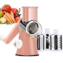 Ourokhome Rotary Cheese Grater Hand Crank, Kitchen Shredder Speed Mandolin Slicer Nuts Grinder with Handle and Drum Blades for Cheese, Vegetable, Walnuts, Chocolate, Potato, Carrot, 3 Blades, Pink