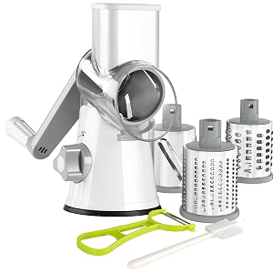 ourokhome rotary cheese grater shredder - 3 drum blades manual vegetable slicer nut grinder with vegetable peeler and cleaning brush white gray