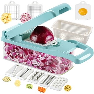 ourokhome vegetable dicer mandolin slicer- 7 blades handy onion chopper shredder with egg separator and colander strainer for kitchen multiple useblue