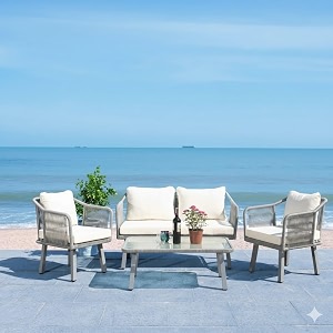 loccus outdoor 4 piece patio sofa set handwoven powder coated iron frame furniture with glass top table and comfortable cushion for garden balcony backyard porch grey amp off-white