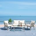 LOCCUS Outdoor 4 Piece Patio Sofa Set Handwoven Powder Coated Iron Frame Furniture with Glass Top Table and Comfortable Cushion for Garden, Balcony, Backyard, Porch (Grey &amp; Off-White)