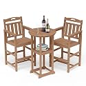 Outdoor Bistro Bar Set, Patio High Top Table and Bar Height Tall Adirondack Chairs Set of 2, All-Weather HDPE Round Pub Furniture for Outside Balcony Backyard Pool Deck | 3-Pieces, Teak