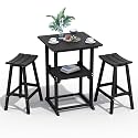 Outdoor Bistro Bar Set, Patio High Top Table and Bar Height Backless Stools Set of 2, All-Weather HDPE Square Pub Furniture for Outside Balcony Backyard Pool Deck | 3-Pieces, Black