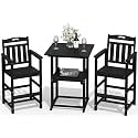 Outdoor Bistro Bar Set, Patio High Top Table and Bar Height Tall Adirondack Chairs Set of 2, All-Weather HDPE Square Pub Furniture for Outside Balcony Backyard Pool Deck | 3-Pieces, Black