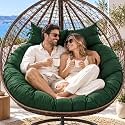 Outdoor Double Egg Chair Cushion Replacement Waterproof Thickened Cotton Hanging Basket Egg Chair Cushion 55x35 Inch Universal Fit for Patio Wicker Swing Chair (Green) (Cushion ONLY)