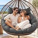 Outdoor Double Egg Chair Cushion Replacement Waterproof Thickened Cotton Hanging Basket Egg Chair Cushion 55x35 Inch Universal Fit for Patio Wicker Swing Chair (Grey) (Cushion ONLY)