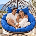 Outdoor Double Egg Chair Cushion Replacement Waterproof Thickened Cotton Hanging Basket Egg Chair Cushion 55x35 Inch Universal Fit for Patio Wicker Swing Chair (Royal Blue) (Cushion ONLY)