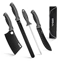 OUTDOOR EDGE ErgoMax Meat Carver Knife Set - Includes Cleaver, Brisket, Butcher & Honing Steel, Premium Titanium-Coated Steel Blades, Non-Slip Rubber Handles, Sharpening Rod