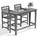 Outdoor Patio Bar Height Table and Tall Adirondack Chairs Set of 2, All-Weather HDPE High Top Long Rectangle Pub Furniture for Outside Balcony Bistro Backyard Pool Deck | 3-Pieces, Grey