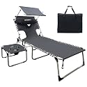 Outdoor Tanning Chair with Sun Canopy Shade & Face Hole, Folding Lounge Chair with Beach Table and Carry Bag for Poolside Sunbathing Lawn