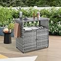 Outdoor Wicker Bar Cart with Wheels, Rolling Rattan Beverage Cart with Glass Top for Patio, Porch, Backyard, Garden, and Poolside Parties, Light Brown