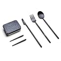 Outlery Portable and Reusable Stainless Steel Silverware Set with Collapsible Chopsticks - Compact Pocket-Sized Travel Cutlery Set for Camping, Backpacking, Day Trips - Durable Travel Utensils (Black)