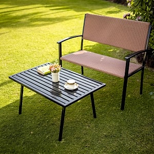 outliving rattan amp wicker 2 seater garden bench with center table for indoor amp outdoor park  patio  living room  terrace  balcony - light brown