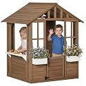 Outsunny Outdoor Playhouse Wooden Kids Playhouse with Working Door Brown