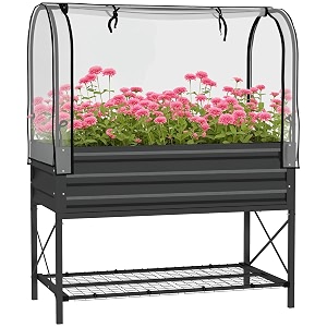 outsunny raised garden bed with cover and storage shelf rectangular metal elevated planter box with legs and bed liner for vegetables flowers herbs black