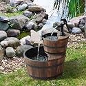 Outsunny Wood Freestanding Fountain, Outdoor Water 2 Tier Waterfall Barrel