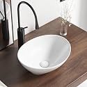 Oval Bathroom Vessel Sink Above Counter, QISHKA 16" x 13" Countertop Vanity Sink Modern Art Basin Lavatory White Ceramic White Bowl Sink