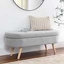 Oval Storage Ottoman Bench with Hidden Storage and Foam Padded Seat, Upholstered Entryway Footstool with Rubber Wood Legs, Decorative Bedroom End of Bed Accent Furniture for Living Room (Light Grey)