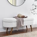 Oval Storage Ottoman Bench with Hidden Storage and Foam Padded Seat, Upholstered Entryway Footstool with Rubber Wood Legs, Decorative Bedroom End of Bed Accent Furniture for Living Room (White)