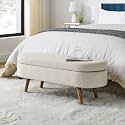 Oval Storage Ottoman Bench with Hidden Storage and Foam Padded Seat, Upholstered Entryway Footstool with Rubber Wood Legs, Decorative Bedroom End of Bed Accent Furniture for Living Room (Beige)