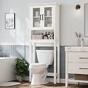 Over The Toilet Storage Cabinet, Over Toilet Bathroom Organizer with Doors and Adjustable Shelf, Thicken Frame Above Toilet Storage Cabinet Behind Toilet Bathroom Organizer, Cream White