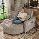 Oversized Chair and A Half, Chenille Tufting Accent Comfy Reading Sofa Chair with Storage Ottoman, Upholstered Loveseat Chaise Lounge Sofa with Adjustable Back for Living Room, Office, Sunroom, Brown