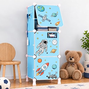 owme 3 door kids plastic wardrobe for clothes foldable plastic almirah for clothes collapsible wardrobe for storage fiberglass chopsticks - reusable storage rack for kids - blue