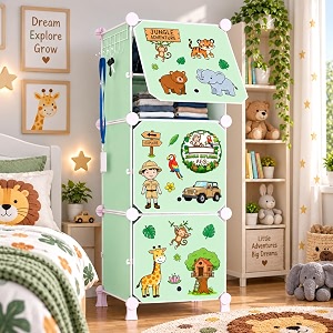 owme 3 door kids plastic wardrobe for clothes foldable plastic almirah for clothes collapsible wardrobe for storage fiberglass chopsticks - reusable storage rack for kids - green