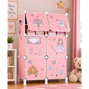 owme 6 door kids plastic wardrobe for clothes foldable plastic almirah for clothes collapsible wardrobe for storage fiberglass chopsticks - reusable storage rack for kids - pink