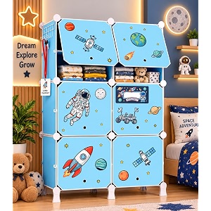 owme 6 door kids plastic wardrobe for clothes foldable plastic almirah for clothes collapsible wardrobe for storage fiberglass chopsticks - reusable storage rack for kids - blue