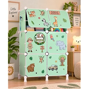 owme 6 door kids plastic wardrobe for clothes foldable plastic almirah for clothes collapsible wardrobe for storage fiberglass chopsticks - reusable storage rack for kids - green