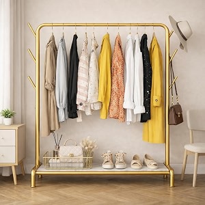 owme heavy duty metal garment rack with wheels  portable clothes hanging stand  rolling clothing rack for bedroom laundry amp retail store  space saving cloth stand - gold single stand