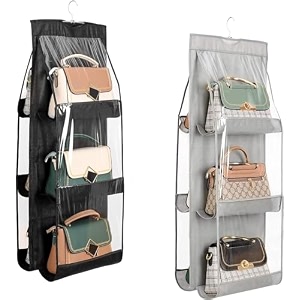 oxbow non-woven fabric 2pcs combo 6 pocket foldable hanging purse handbag organizer for storage ladies women large clear hand bag storage organizer 2 pcs grey  black