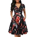 oxiuly Women's Vintage Dot V-Neck Cap Sleeve Casual Pockets Swing Tea Dress OX296