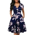 oxiuly Women's Vintage Dot V-Neck Cap Sleeve Casual Pockets Swing Tea Dress OX296